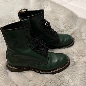 Dr. Martens Green 8-Eye Lace-Up Leather Boots with Yellow Stitching